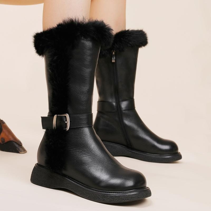 Frauen-winter-faux-pelz-gürtel-leder-schneestiefel