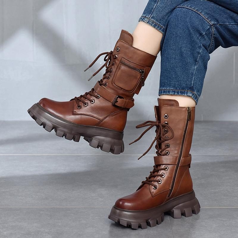 Frauen-winter-retro-rundkopf-plüsch-lederstiefel