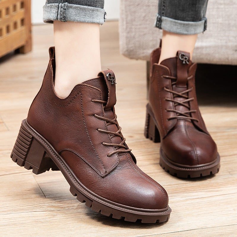 Frühling Retro Leder Damen Handmande Keilstiefel