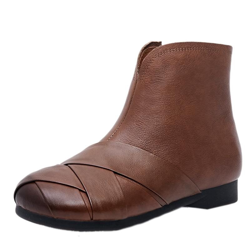 Handgefertigte Kurze Damenstiefel Aus Leder Mit Flacher Weicher Sohle