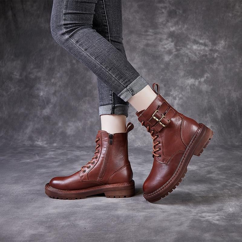 Herbst Frauen Retro Handgefertigte Lederstiefel