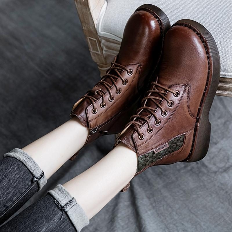 Herbst Retro Leder Weiche Sohle Handgefertigte Flache Stiefel