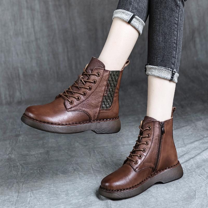 Herbst Retro Leder Weiche Sohle Handgefertigte Flache Stiefel