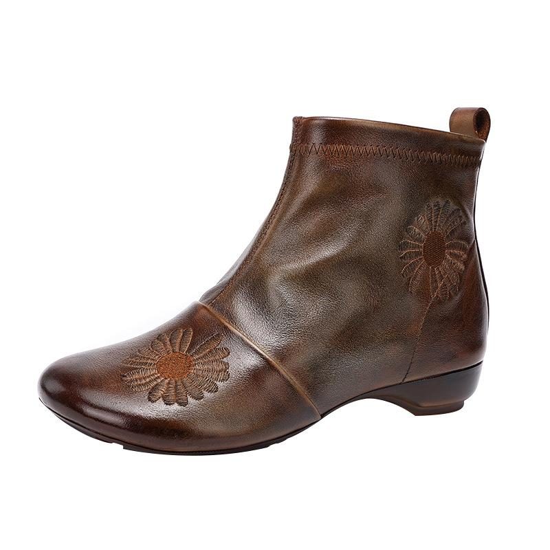 Herbst-winter-leder-retro-blumen-rundkopfstiefel