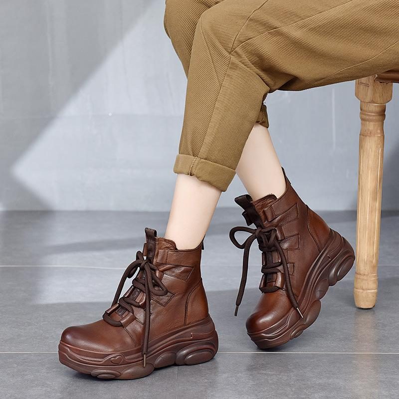 Herbst-winter-leder-retro-lässige Stiefeletten Mit Dicker Sohle