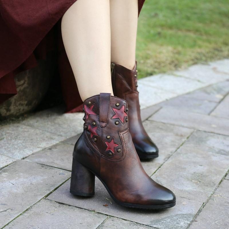 Herbst-winter-leder-retro-lederstiefel Mit Dickem Absatz