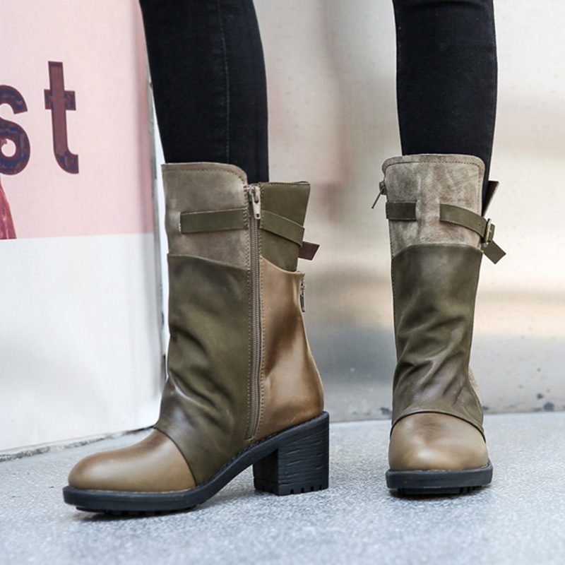 Herbst-winter-motorradstiefel Mit Farbblockschnalle