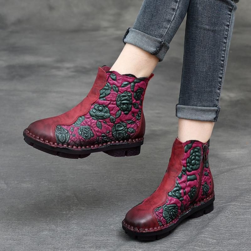 Herbst-winter-retro-leder-handgefertigte Florale Damenstiefel