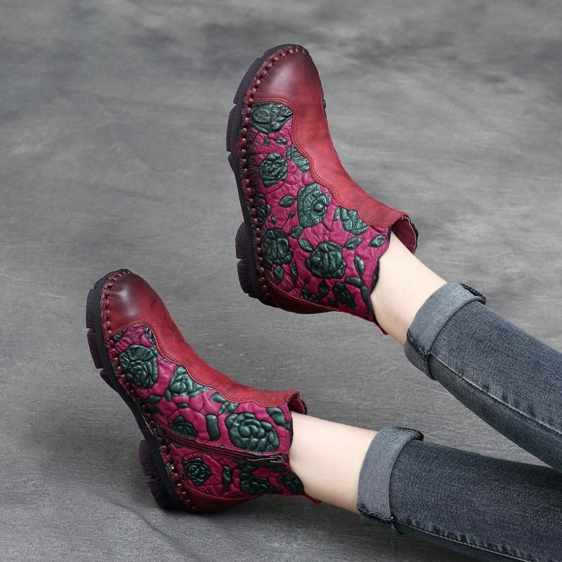 Herbst-winter-retro-leder-handgefertigte Florale Damenstiefel