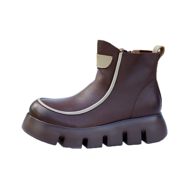 Herbst-winter-retro-leder-plateau-stiefeletten Mit Seitlichem Reißverschluss