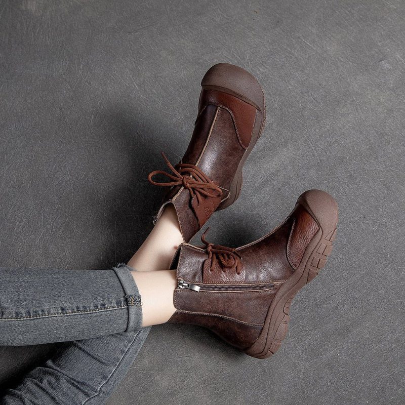 Herbst-winter-retro-lederplüschstiefel Mit Großem Kopf