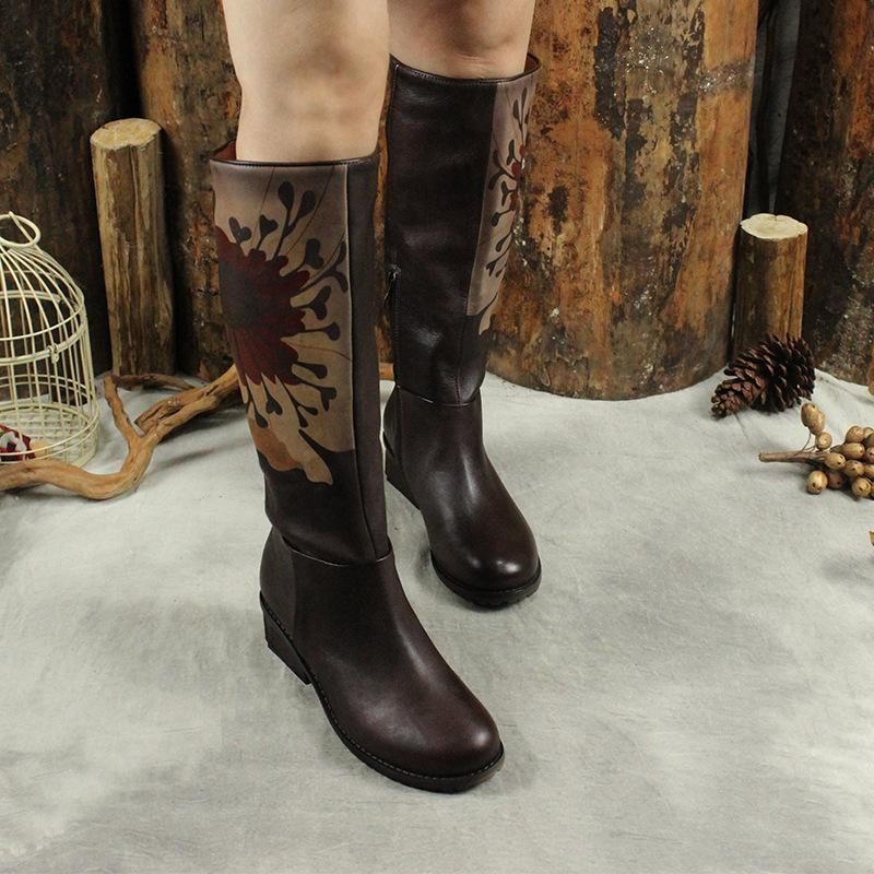 Herbst Winter Vintage Leder Druck Hohe Stiefel