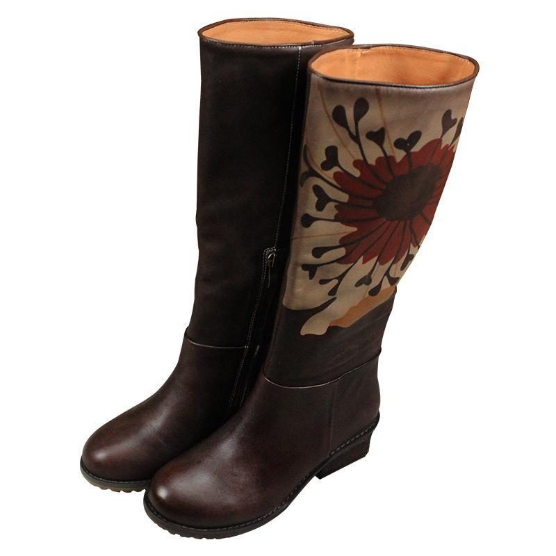 Herbst Winter Vintage Leder Druck Hohe Stiefel