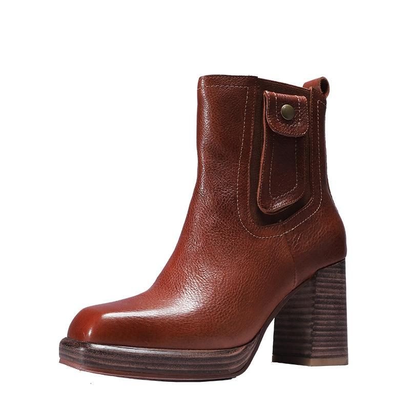 Herbstliche Retro-resilient-leder-high-heel-stiefel