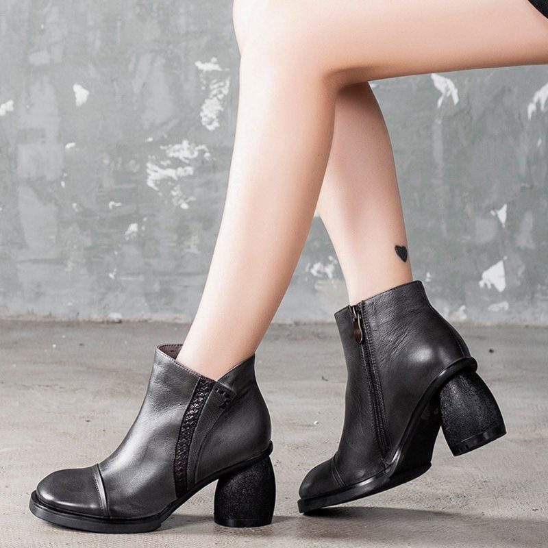 Lässige Chunky High Heels Lederstiefel