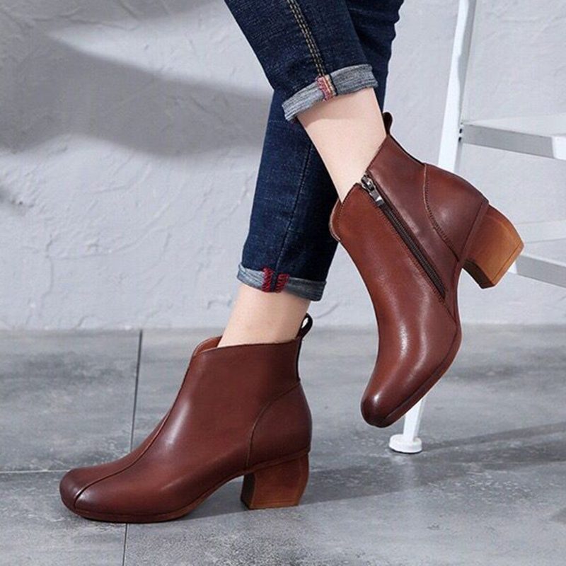 Leder Solide Seitliche Reißverschlüsse Chunky Heels Stiefel