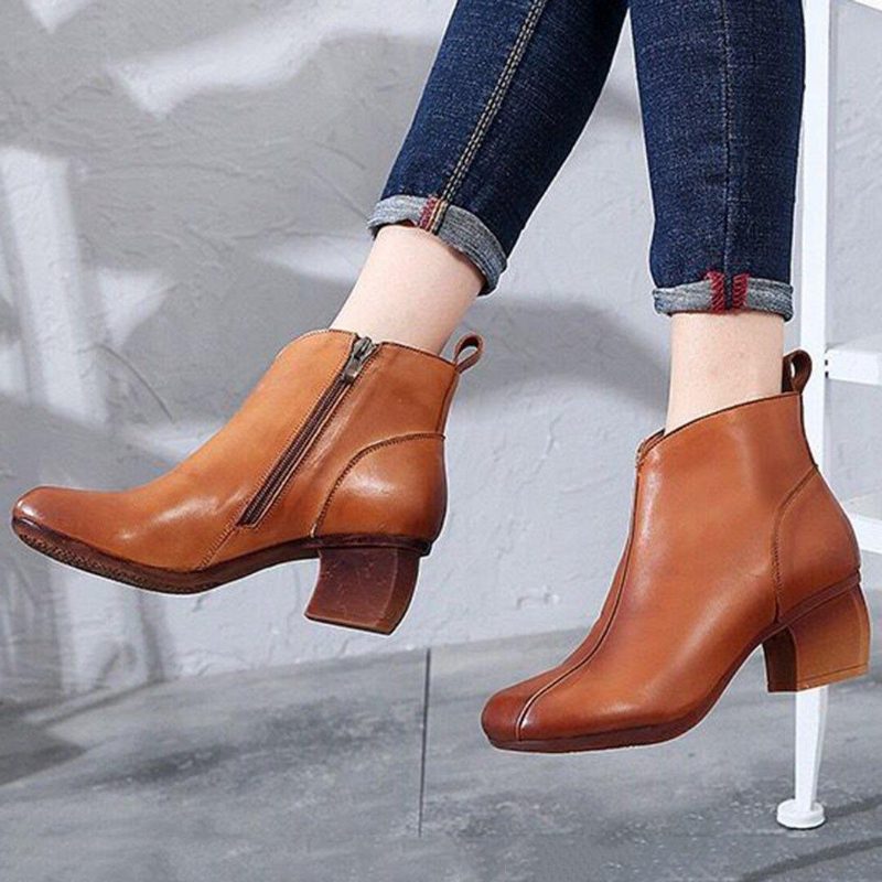 Leder Solide Seitliche Reißverschlüsse Chunky Heels Stiefel