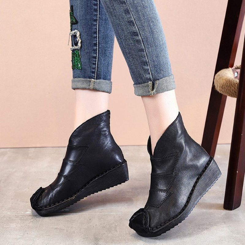 Lederstiefel Mit Weichem Boden Damen Retro Handgefertigte Keilstiefel