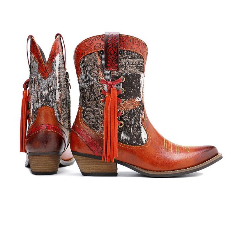 Mehrfarbige Cowboystiefel Aus Leder Mit Ziernähten