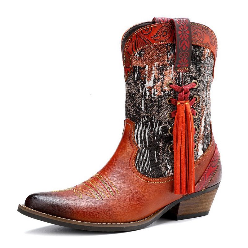 Mehrfarbige Cowboystiefel Aus Leder Mit Ziernähten