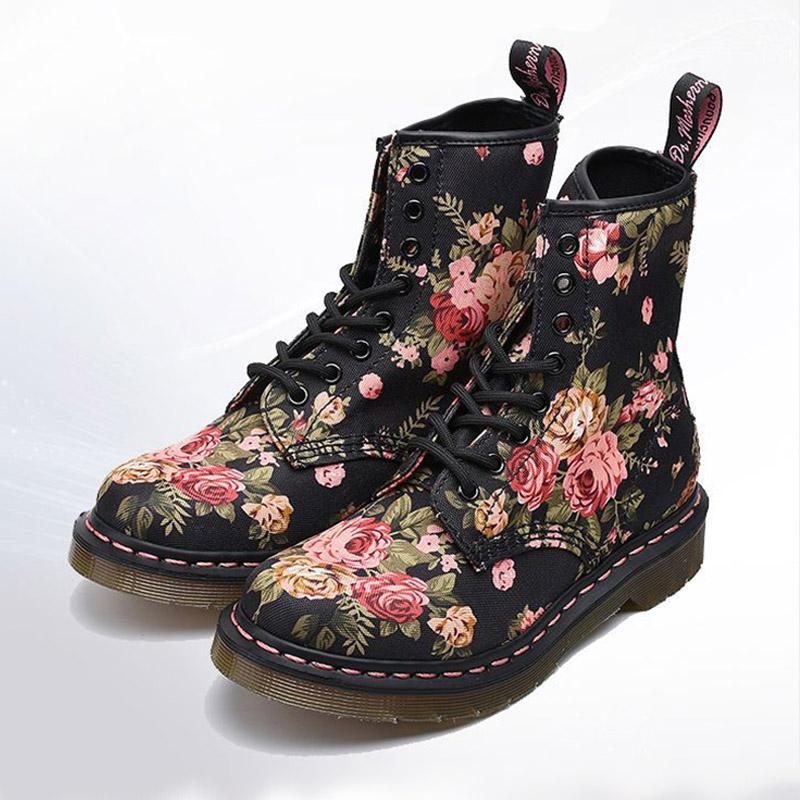 Plus Size Spring Autumn Floral Round Head Canvas Boots