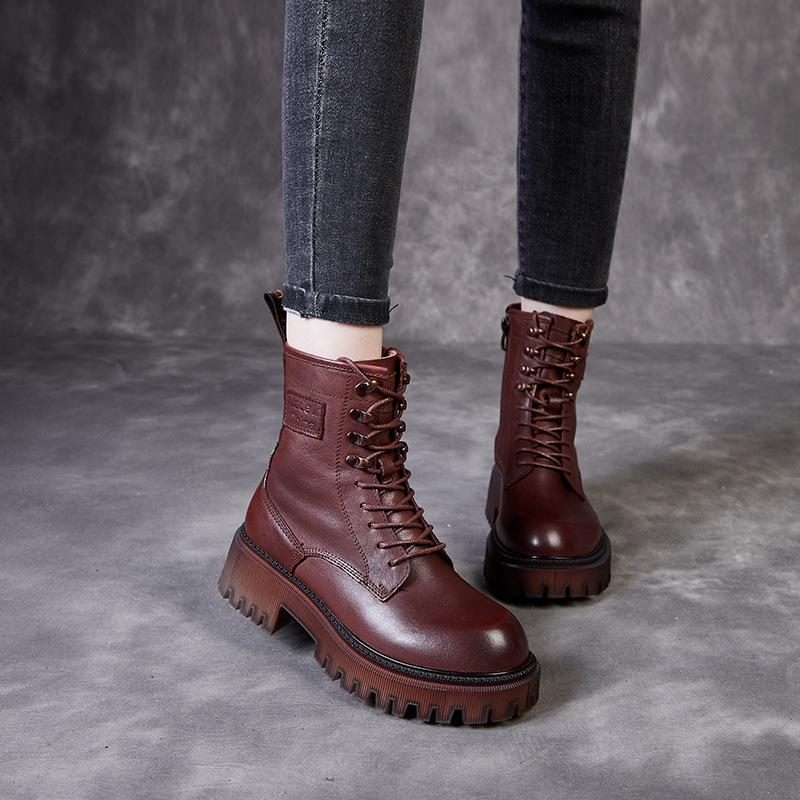 Retro Leder Herbst Handgefertigte Rundkopfstiefel