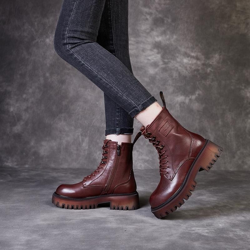 Retro Leder Herbst Handgefertigte Rundkopfstiefel