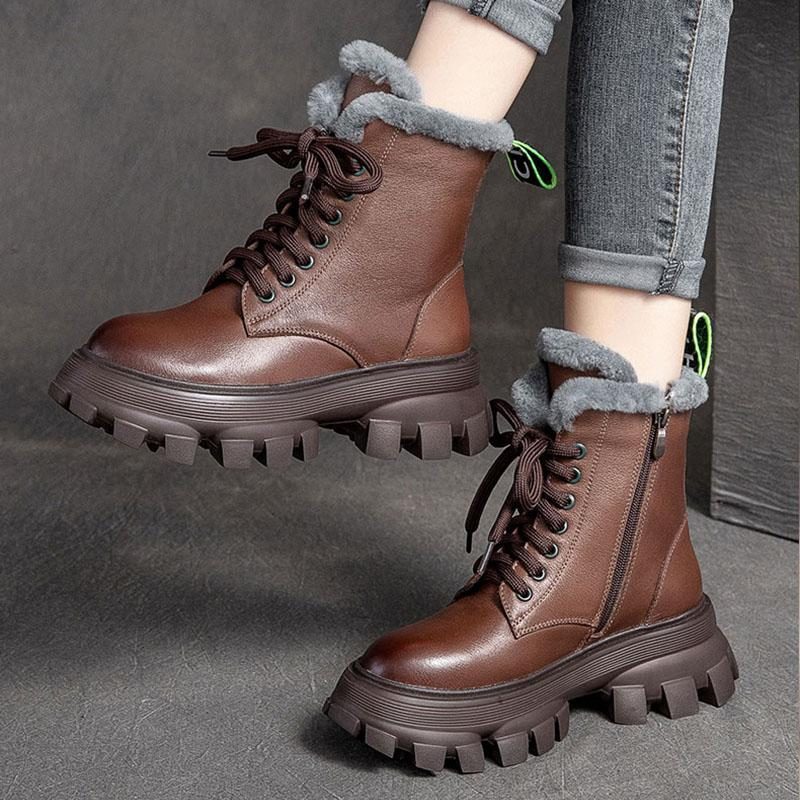 Retro-leder-winter-plüsch-warme Stiefel Mit Dicker Sohle