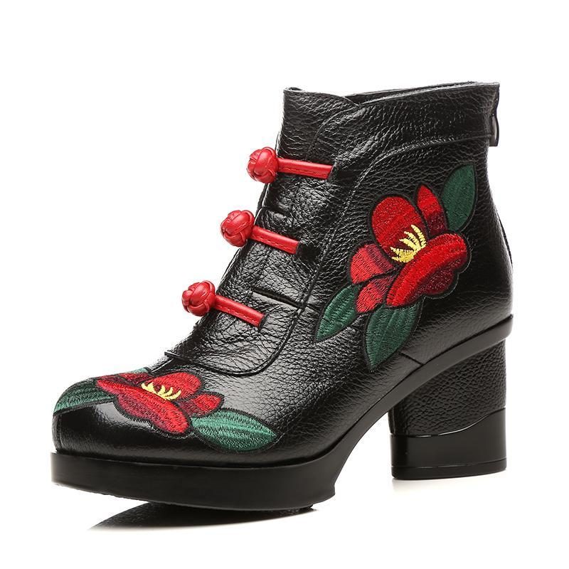 Retro-stiefel Mit Bestickten High Heels Und Weichem Boden