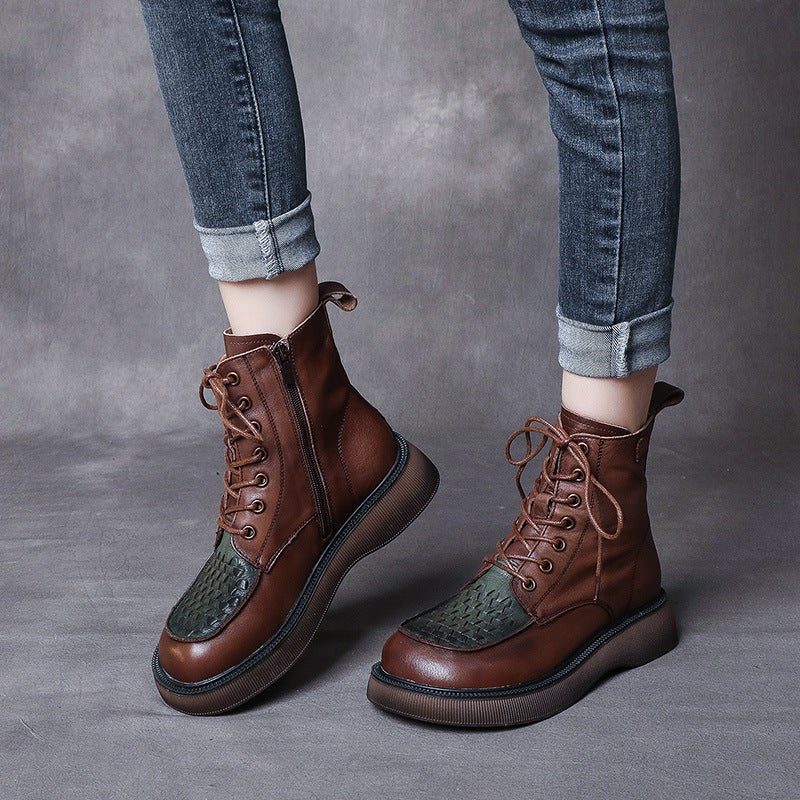 Spring Autumn Retro Woven Round Head Leather Boots