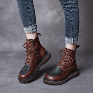 Spring Autumn Retro Woven Round Head Leather Boots