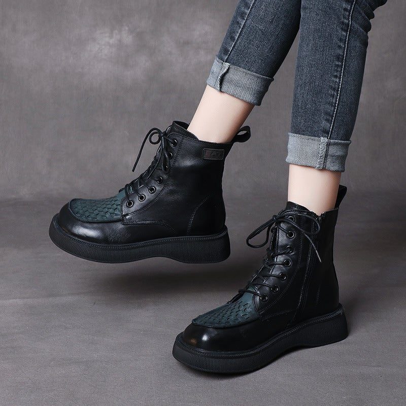 Spring Autumn Retro Woven Round Head Leather Boots