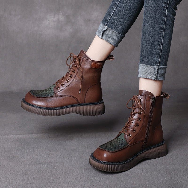 Spring Autumn Retro Woven Round Head Leather Boots