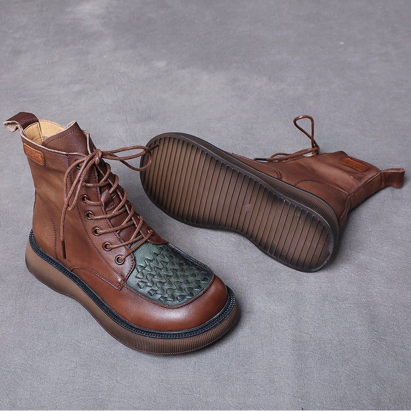 Spring Autumn Retro Woven Round Head Leather Boots