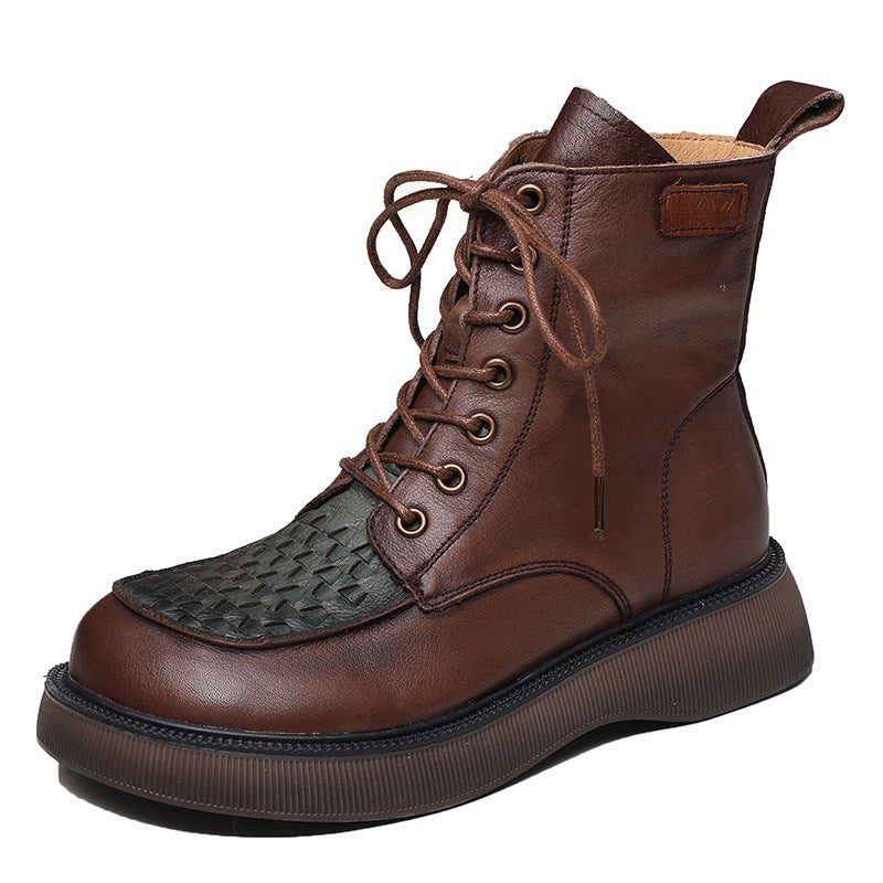 Spring Autumn Retro Woven Round Head Leather Boots