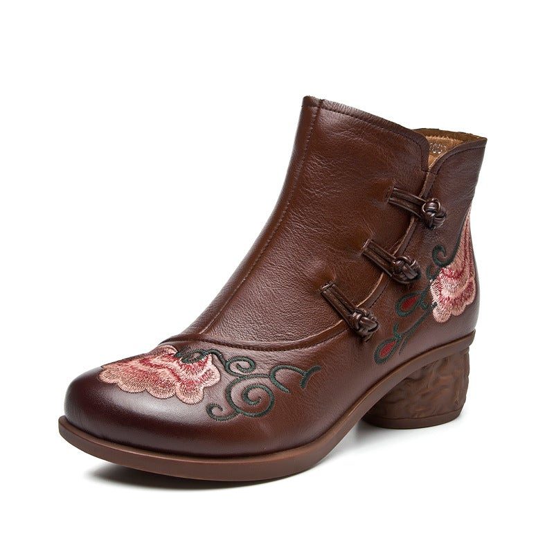 Spring Retro Blumen Leder Handgefertigte Stickerei Stiefel