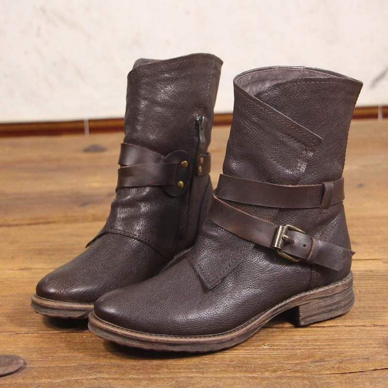 Vintager Handgefertigte Motorradstiefel Mit Gürtelschnalle