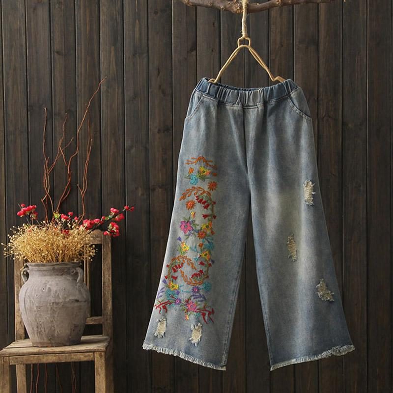 Autumn Vinatage Printing Loose Cotton Denim Wide Leg Jeans