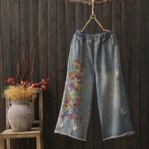 Autumn Vinatage Printing Loose Cotton Denim Wide Leg Jeans