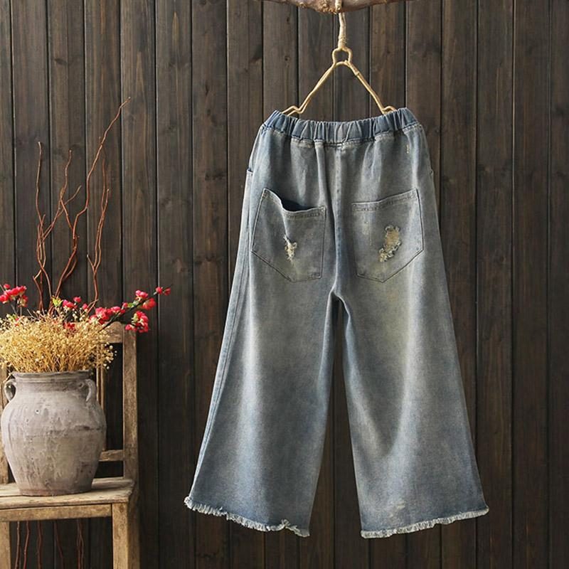 Autumn Vinatage Printing Loose Cotton Denim Wide Leg Jeans