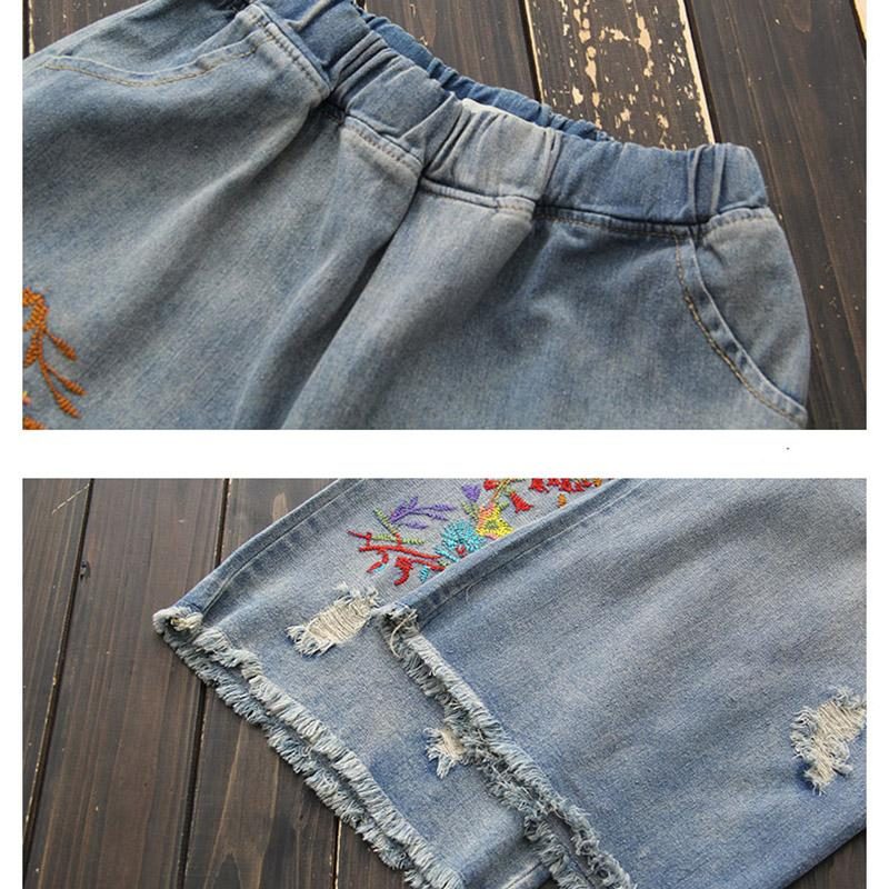 Autumn Vinatage Printing Loose Cotton Denim Wide Leg Jeans