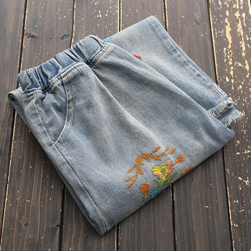 Autumn Vinatage Printing Loose Cotton Denim Wide Leg Jeans