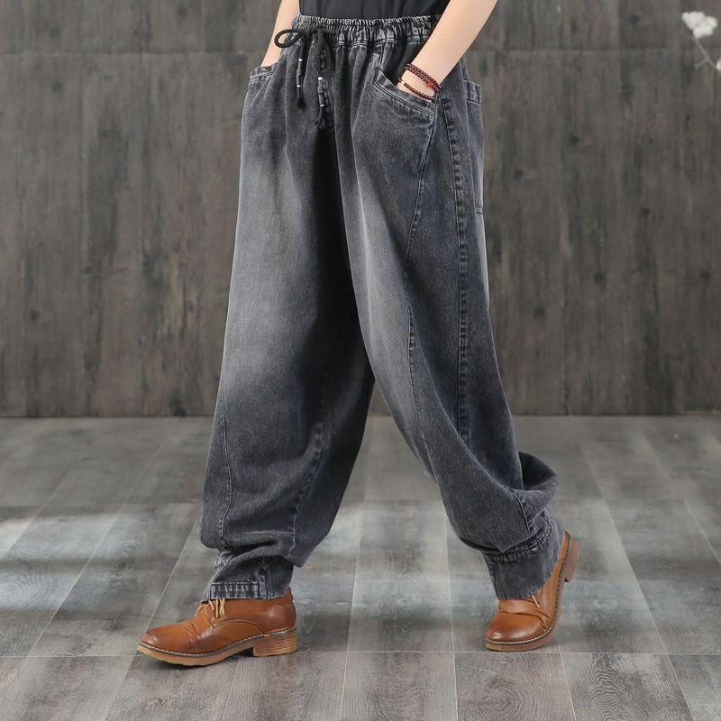 Autumn Vinatge Loose Washed Stitching Casual Denim Damenhose