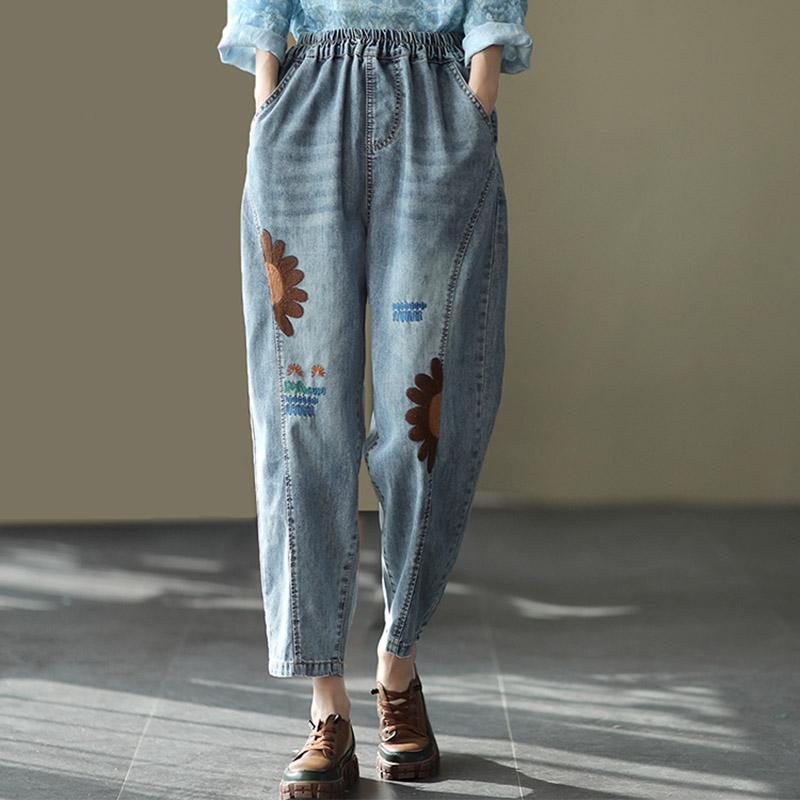 Bestickte Lockere Harems-denimhose Im Retro-stil