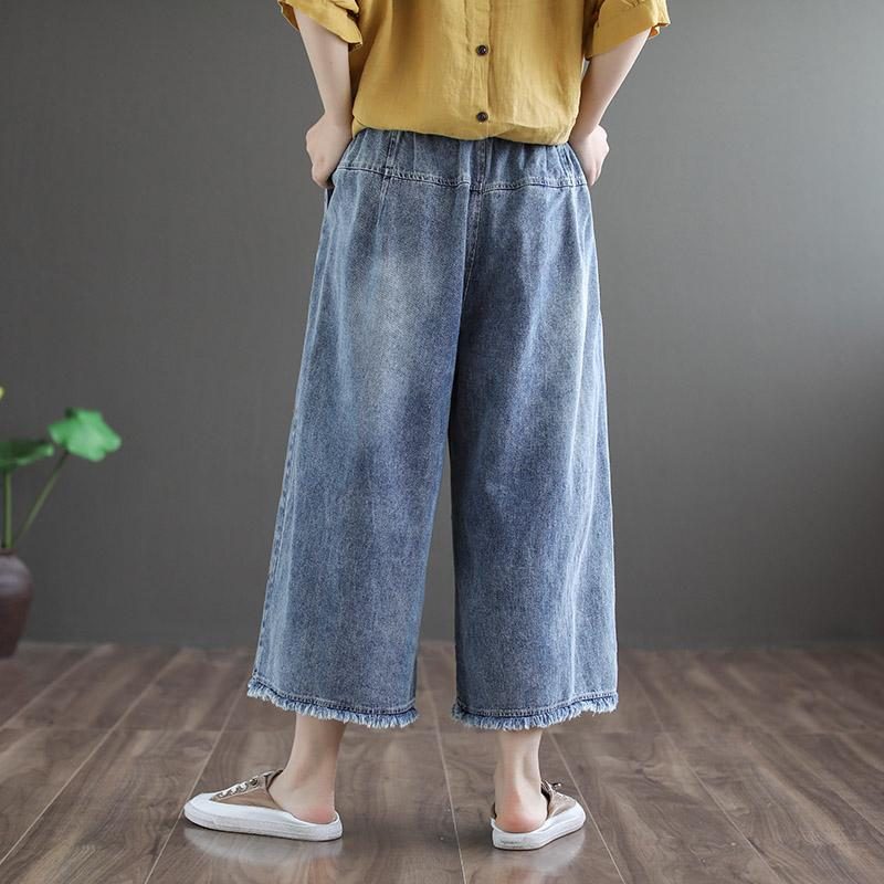 Bestickte Retro-hose Aus Blauem Jeansstoff Mit Weitem Bein