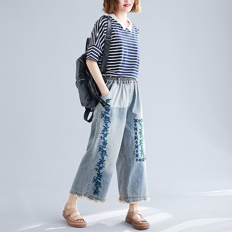 Bestickte Retro-jeanshose Mit Weitem Bein