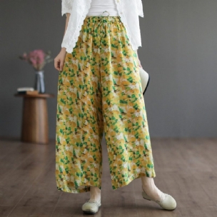 Damen-sommerhose Aus Leinen Mit Blumenmuster Und Weitem Bein