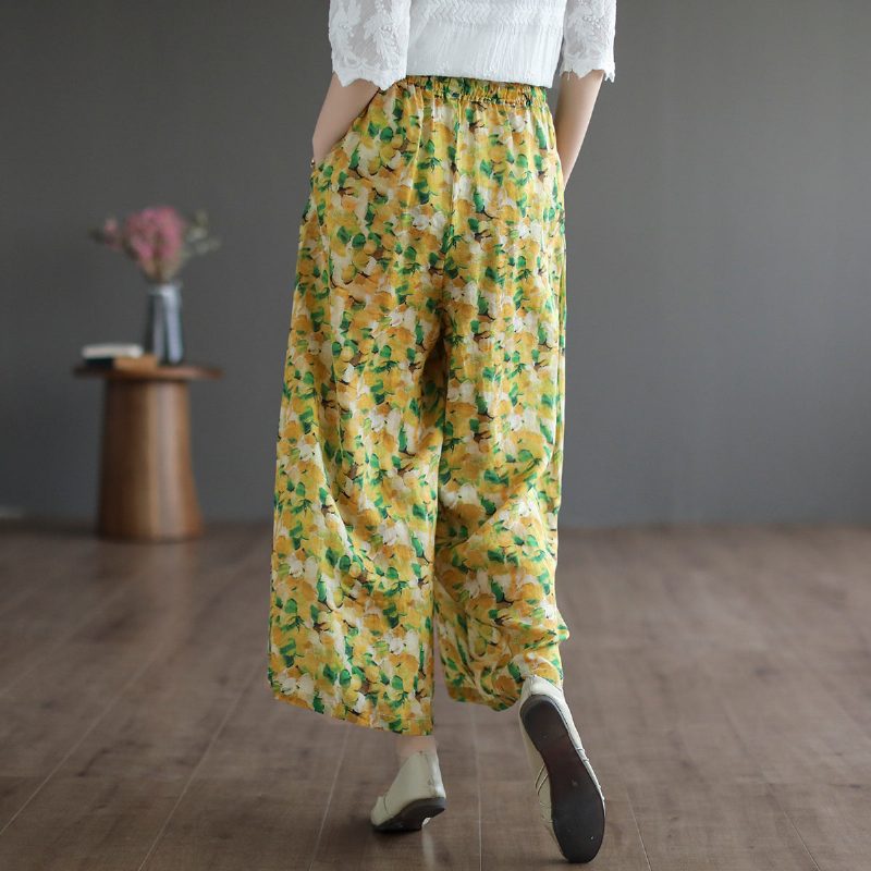 Damen-sommerhose Aus Leinen Mit Blumenmuster Und Weitem Bein