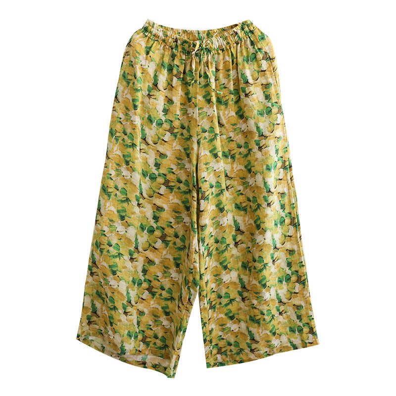 Damen-sommerhose Aus Leinen Mit Blumenmuster Und Weitem Bein