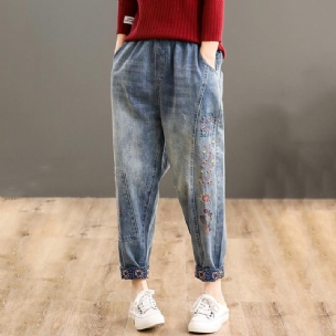 Denim-haremshose Mit Hoher Taille Und Retro-stickerei